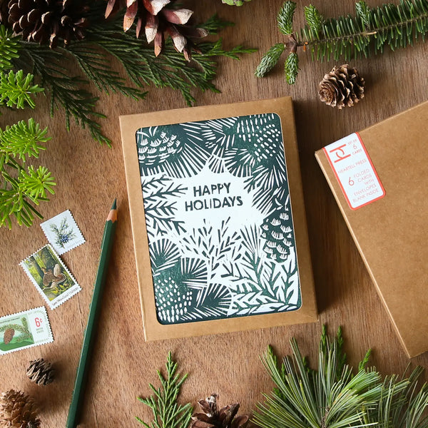 Happy Holidays (Greenery) Letterpress Card - Boxed Set of 6