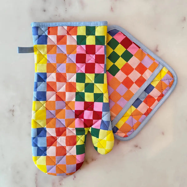 Rainbow Check Oven Mitt + Pot Holder Set