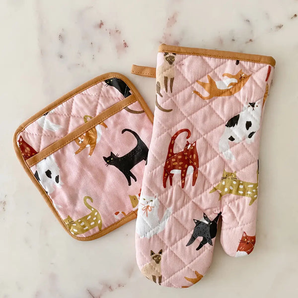 Cats Oven Mitt + Pot Holder Set