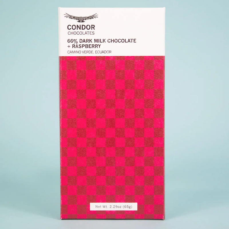 Condor Chocolates 66% Dark Milk Chocolate + Raspberry Bar