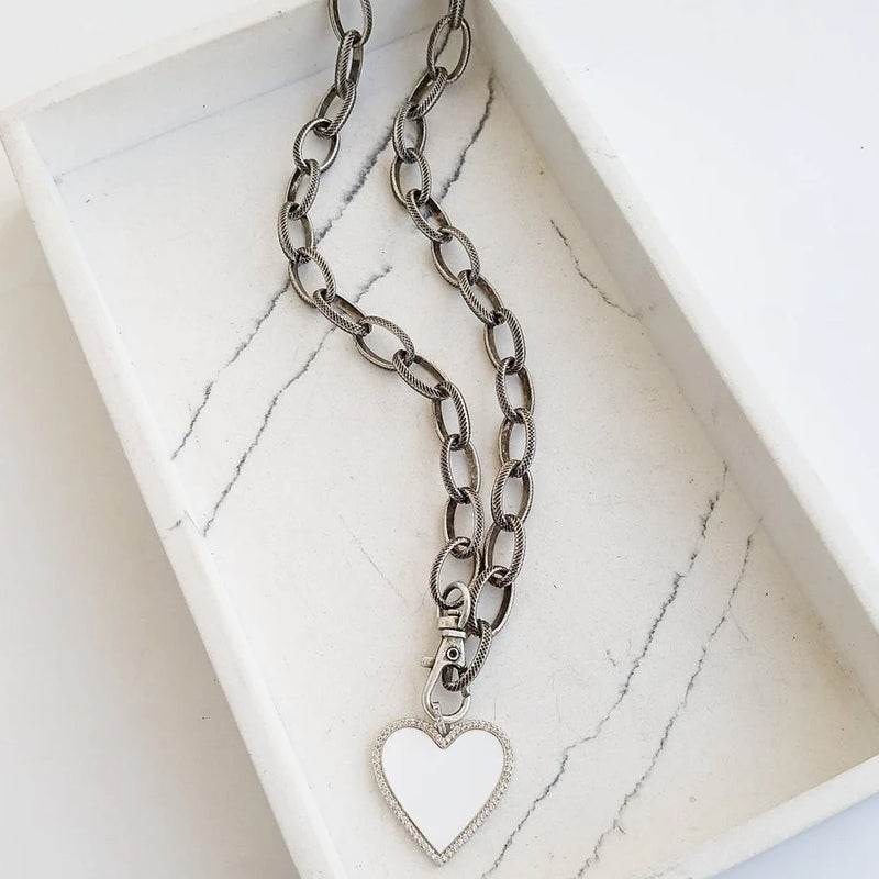 Etched Gunmetal Chain with White Enamel Heart