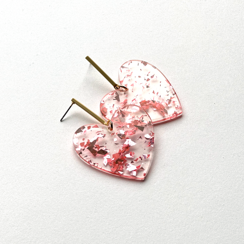 Pink and Gold Confetti Heart Earrings