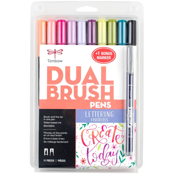 Tombow Dual Brush Pen, Lettering Favorites,10-Pack + Free Fudenosuke