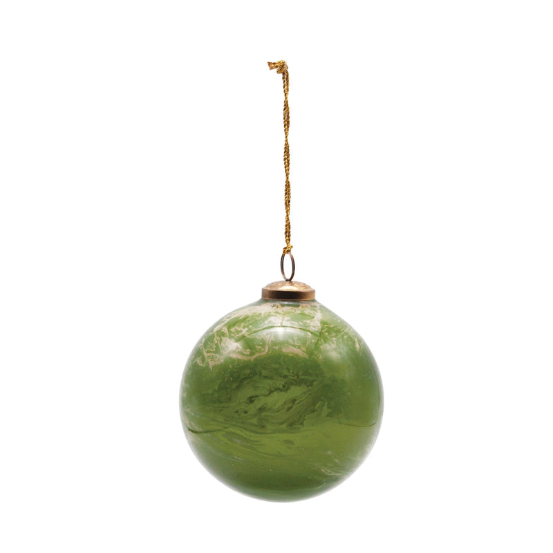 4" Round Glass Ball Ornament, Marbled Green & Gold Finish