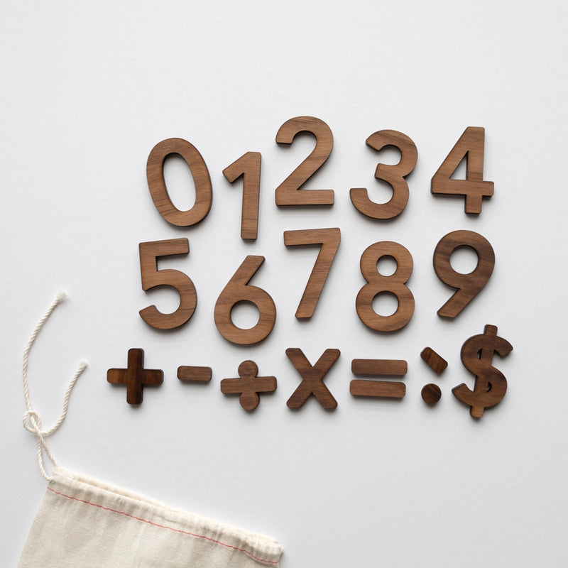 Modern Wooden Number Set, Numerals and Math Equations Signs, Walnut