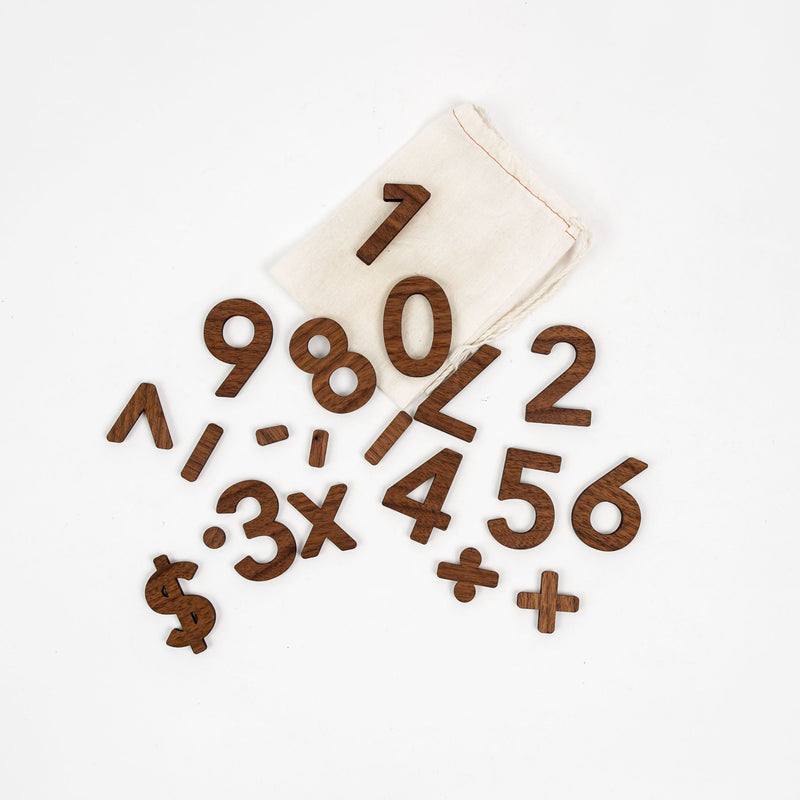 Modern Wooden Number Set, Numerals and Math Equations Signs, Walnut